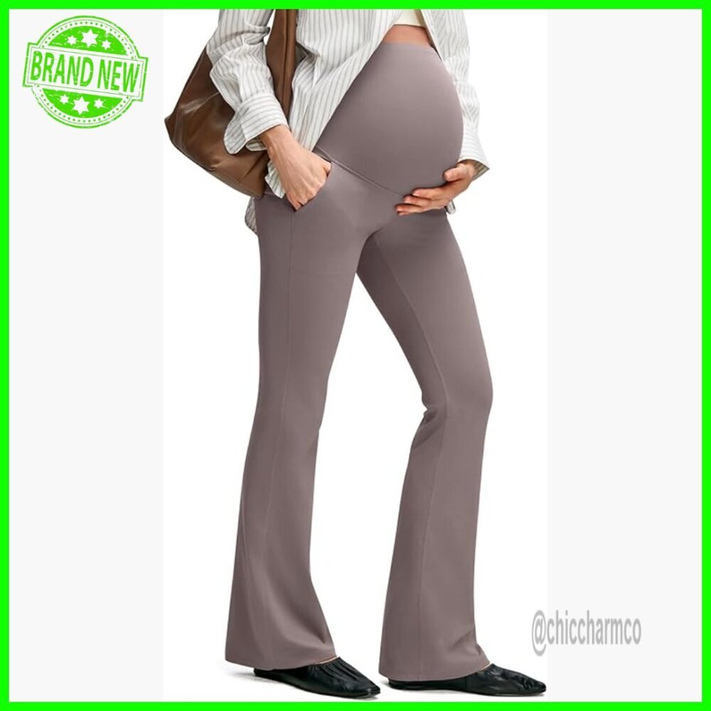 Maternity Flare Leggings with Pockets Over Belly Yoga Pants for Work